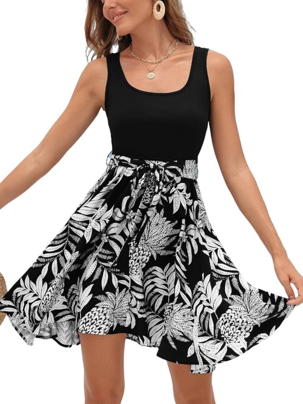 Women's Tropical Black Sleeveless Vacation Sundress Flowy Beach Square Min Dress